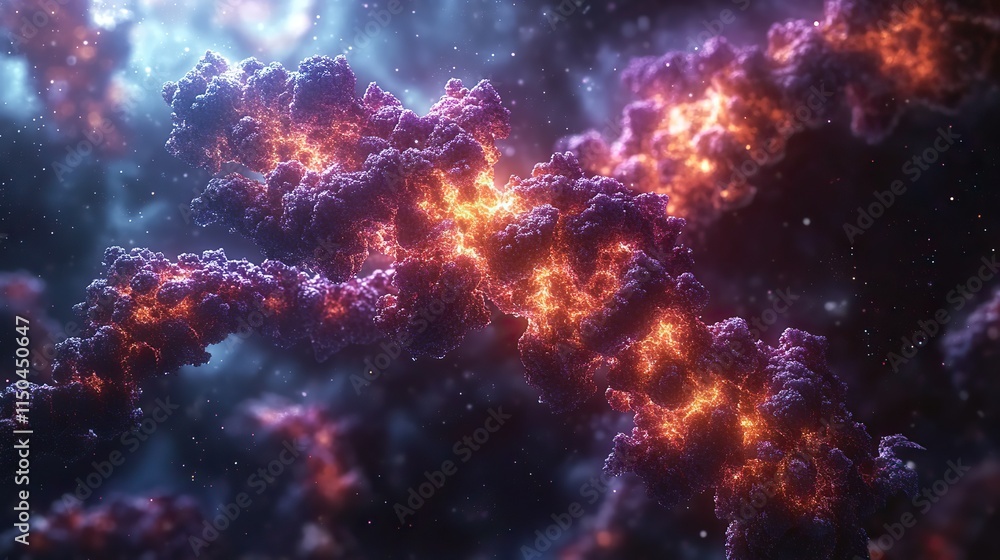 Fototapeta premium Science nebulae and DNA with RNA for biology development. Retrovirus with transcription or Teminism. Genetic material, enzymes, and mutations for a virus. Chromosomes, gene therapy, and molecular