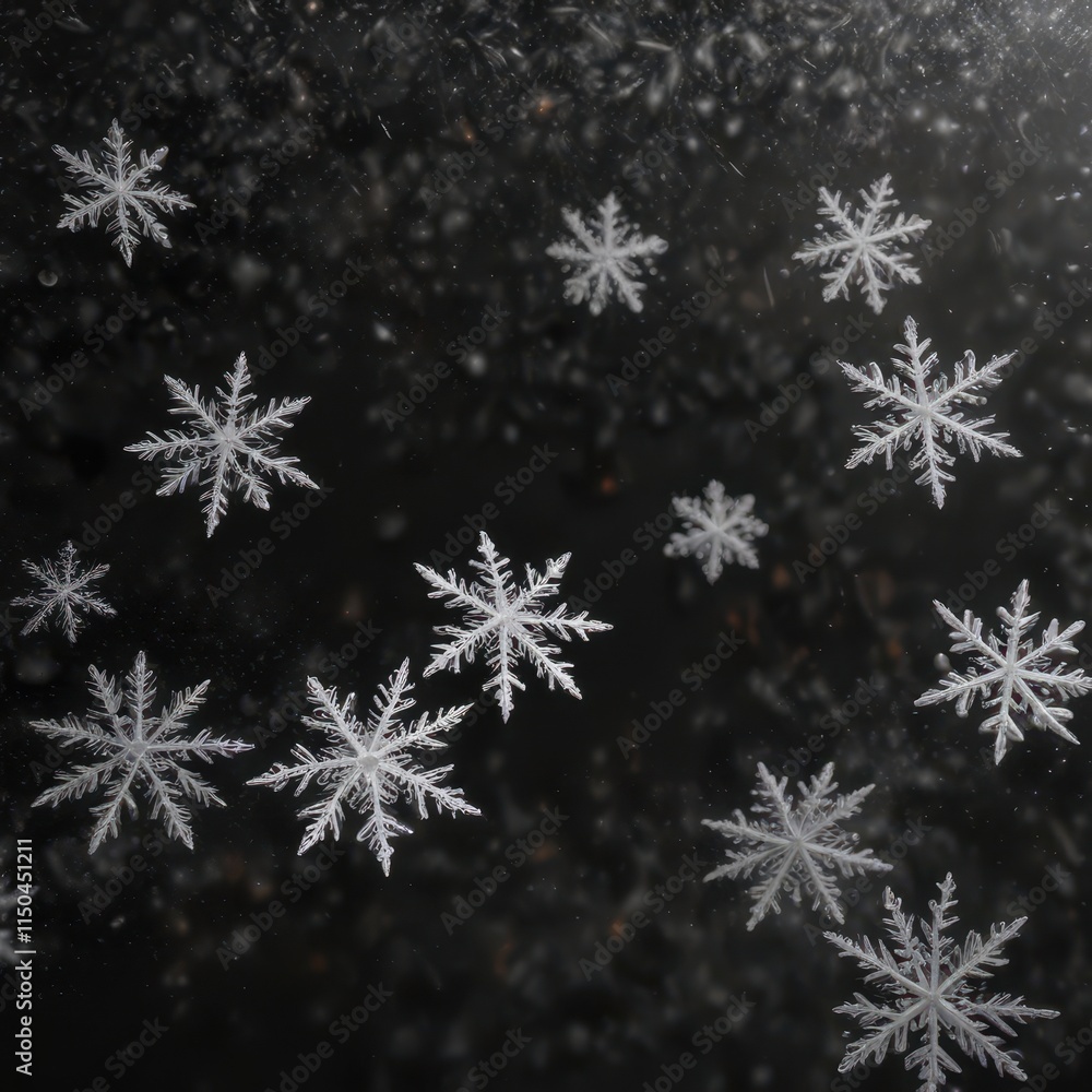 Dense flurry of snowflakes, ethereal white on black backdrop , design element, crystal Dense flurry of snowflakes, ethereal white on black backdrop , design element, crystal
