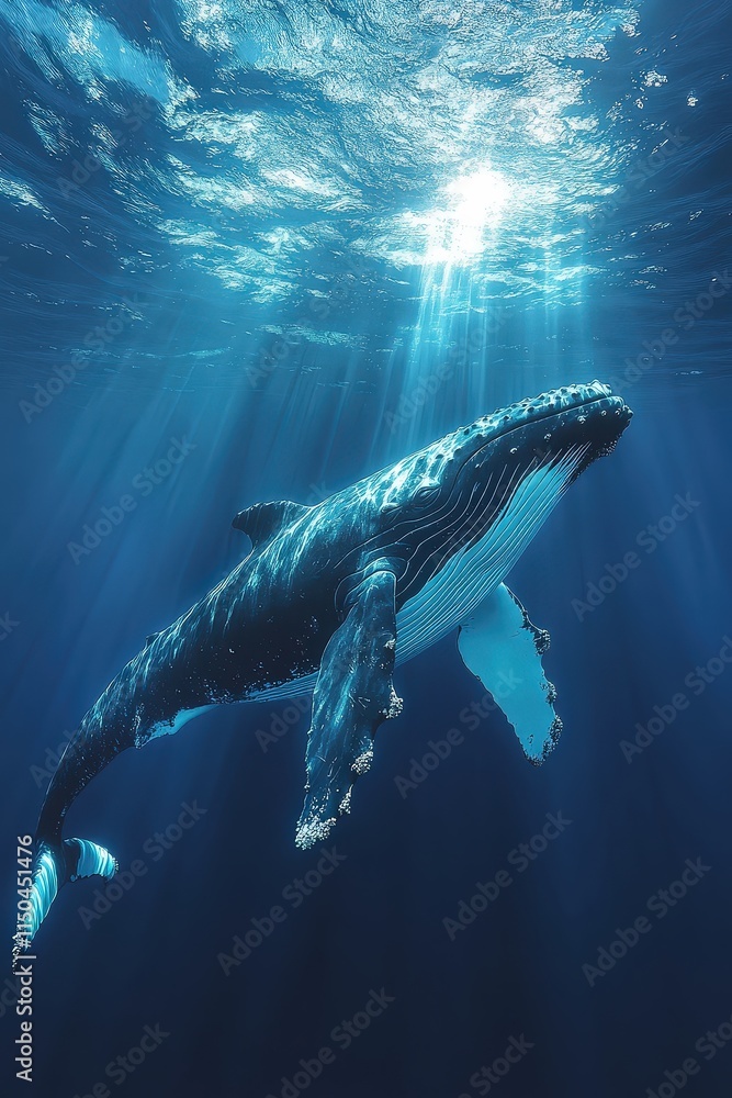 A large whale is swimming in deep blue water. A scuba diver is visible below.