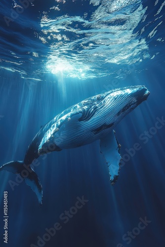 A large whale is swimming in deep blue water. A scuba diver is visible below.