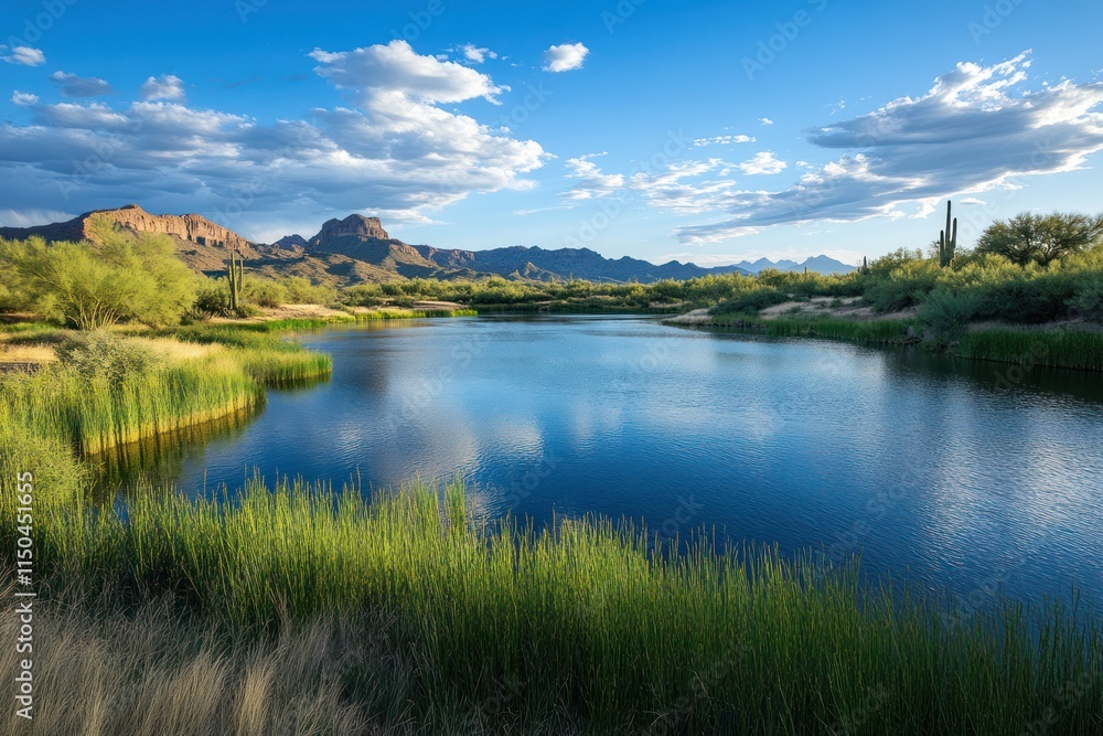 Obraz premium Serene Desert Lake Under a Cloudy Sky with Mountains