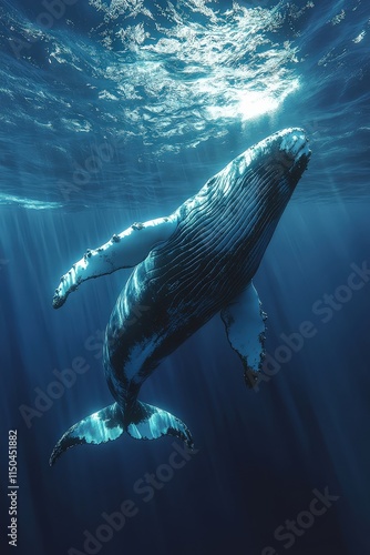 A large whale is swimming in deep blue water. A scuba diver is visible below.