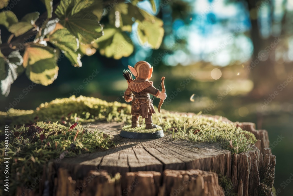 A miniature elf archer stands on a moss-covered tree stump in a sunlit forest. A miniature elf archer stands on a moss-covered tree stump in a sunlit forest.