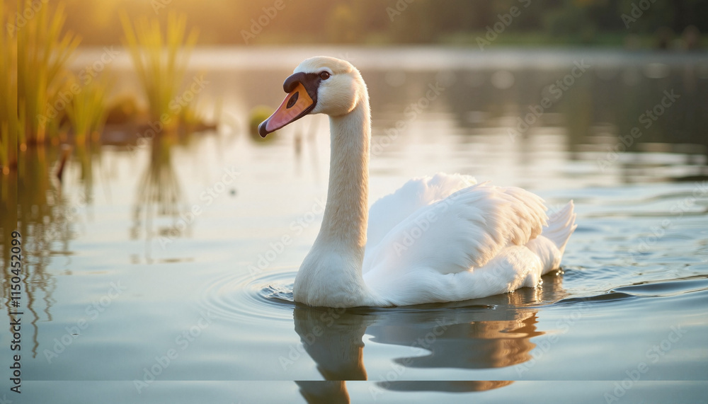 A beautiful white swan swims smoothly in calm waters at a lake, surrounded by lush greenery as the sun sets. This scene captures the essence of wildlife conservation A beautiful white swan swims smoothly in calm waters at a lake, surrounded by lush greenery as the sun sets. This scene captures the essence of wildlife conservation