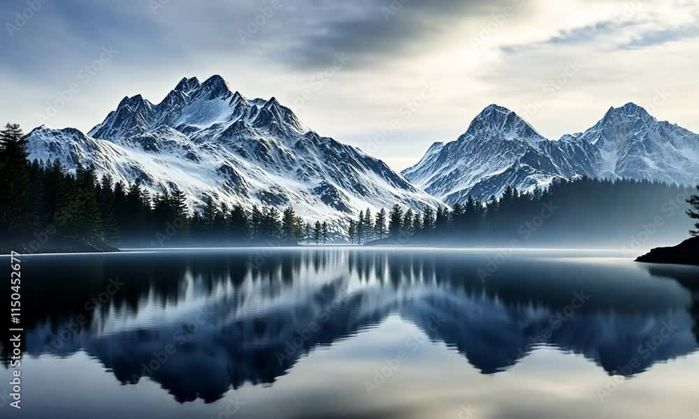 Serene Winter Landscape: Snow-capped Mountains Reflected in a Calm Lake Serene Winter Landscape: Snow-capped Mountains Reflected in a Calm Lake