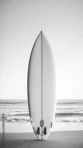 A black and white photograph shows a surfboard standing upright on a sandy beach, the ocean visible in the background. This image is one of many files in a larger Adobe Stock upload interface.