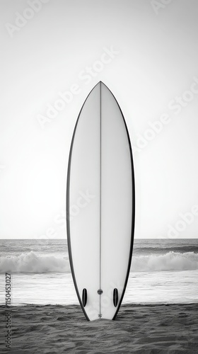 Obraz na płótnie A black and white photograph shows a surfboard standing upright on a sandy beach, the ocean visible in the background. This image is one of many files in a larger Adobe Stock upload interface. w salonie