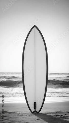 A black and white photograph shows a surfboard standing upright on a sandy beach, the ocean visible in the background. This image is one of many files in a larger Adobe Stock upload interface.