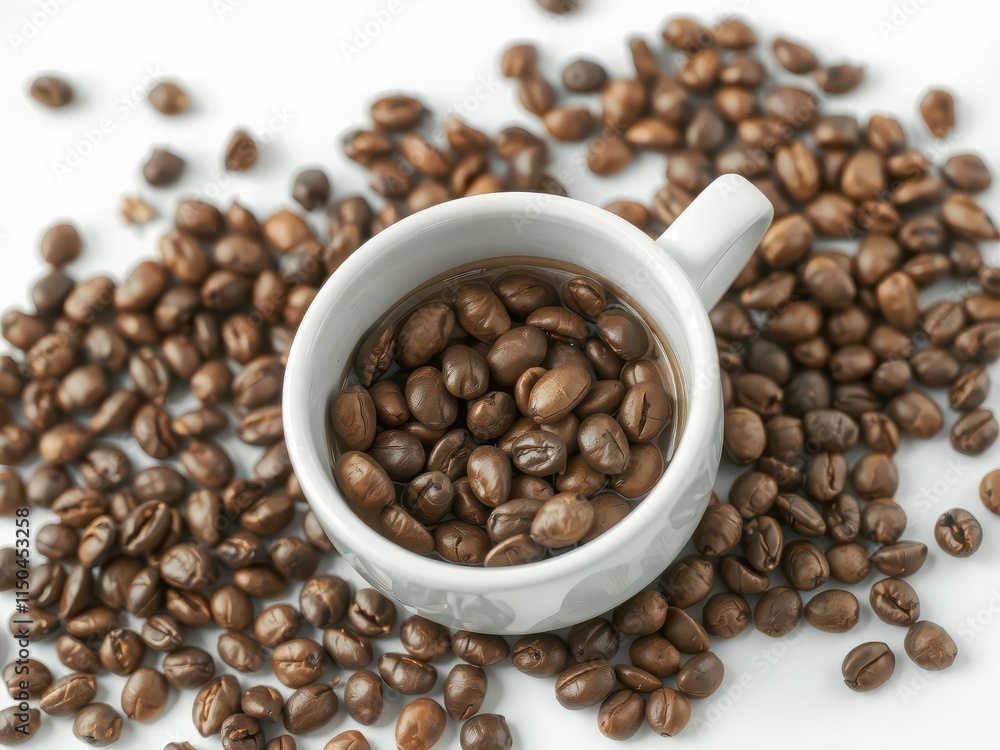Roasted coffee beans spilling from a pristine white cup, product photography,ceramic cup,coffee beans Roasted coffee beans spilling from a pristine white cup, product photography,ceramic cup,coffee beans