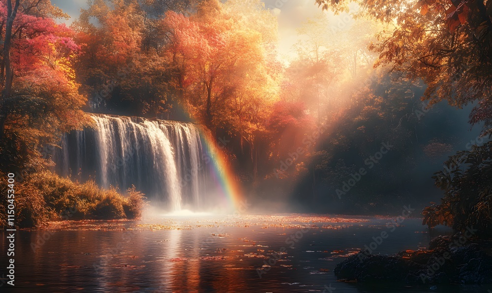 Waterfall with a rainbow appearing in the mist, surrounded by a kaleidoscope of autumn colors. Waterfall with a rainbow appearing in the mist, surrounded by a kaleidoscope of autumn colors.