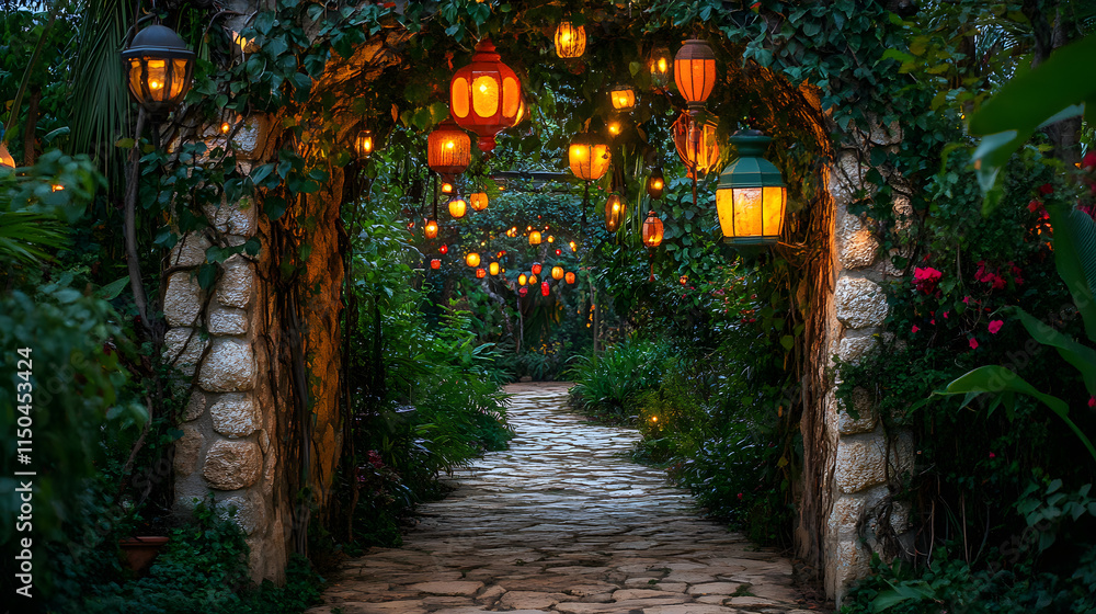 Fototapeta premium A whimsical stone archway covered in glowing vines and colorful lanterns opening into a lush magical garden.