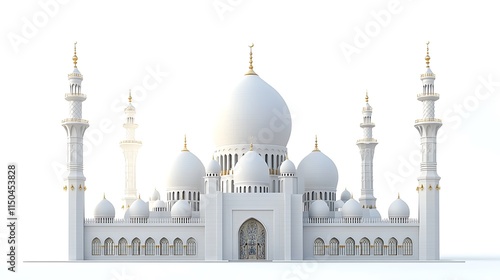 A white mosque with multiple domes isolated on white background.