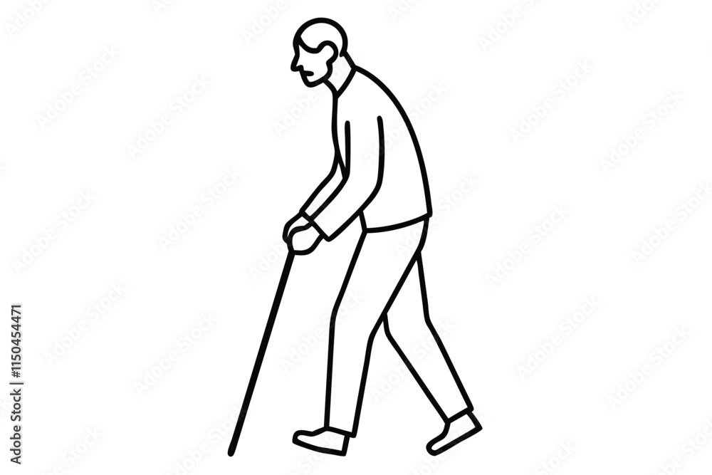Old person walking with a cane line art vector illustration Old person walking with a cane line art vector illustration