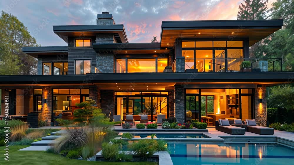 Stunning contemporary home illuminated at sunset with a serene backyard and inviting swimming pool Stunning contemporary home illuminated at sunset with a serene backyard and inviting swimming pool