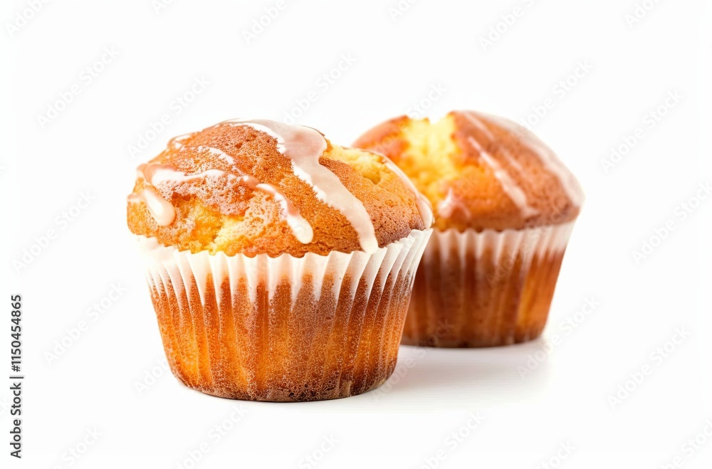 Muffins isolated on a white background, a studio shot of two delicious muffins with golden tops and glaze muffin isolated on white background