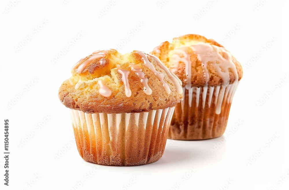 Muffins isolated on a white background, a studio shot of two delicious muffins with golden tops and glaze muffin isolated on white background Muffins isolated on a white background, a studio shot of two delicious muffins with golden tops and glaze muffin isolated on white background