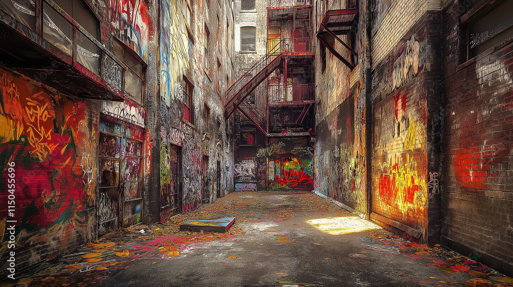 Fototapeta premium Urban Grit – Graffiti-Covered Alley with Cracked Walls and Layers of History