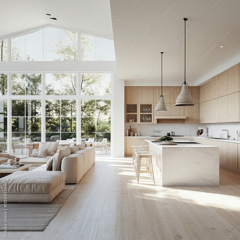 Light-filled modern kitchen with light wood cabinets, a white island, and large windows looking out to trees.