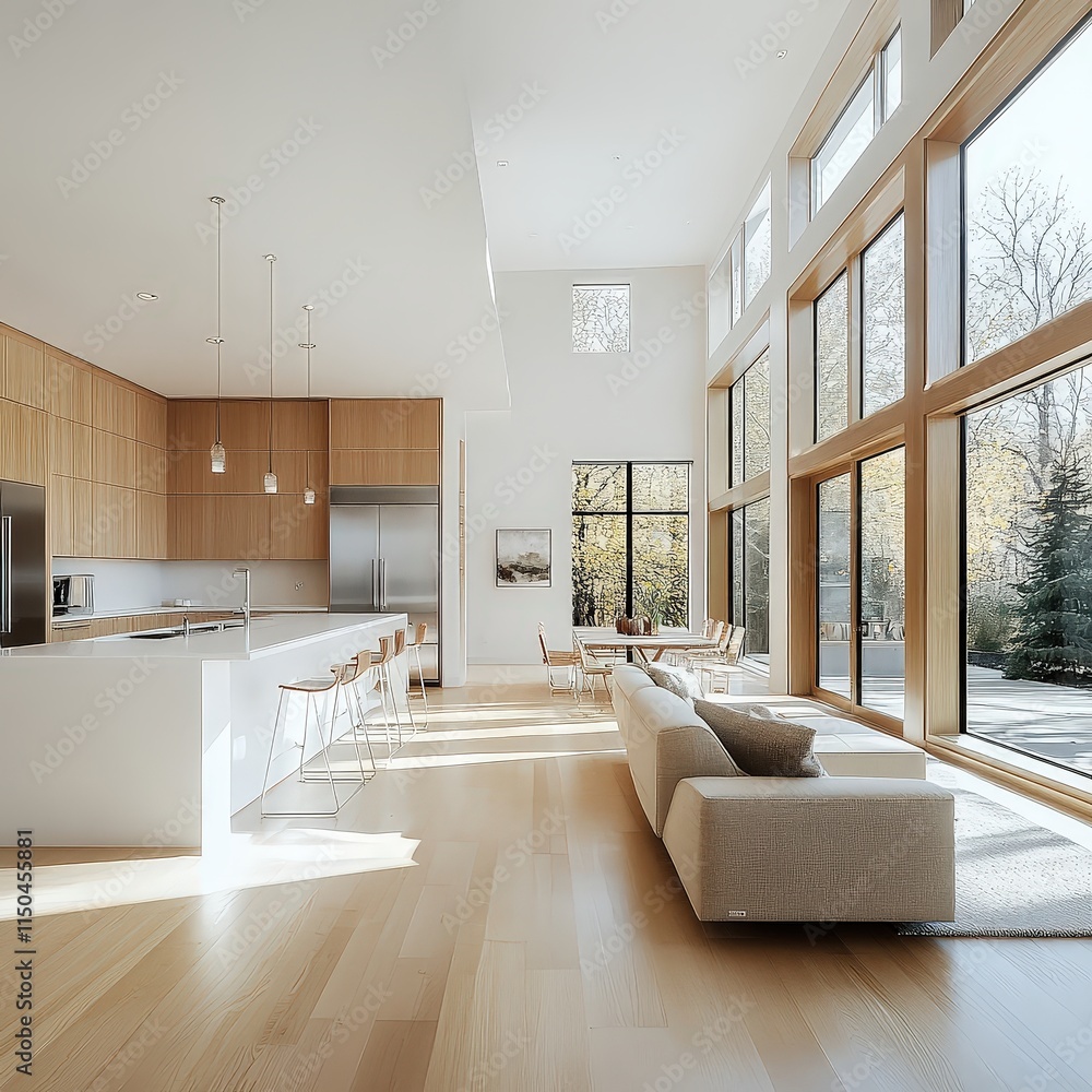 Light-filled modern kitchen with light wood cabinets, a white island, and large windows looking out to trees.