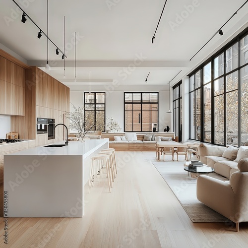 Light-filled modern kitchen with light wood cabinets, a white island, and large windows looking out to trees.