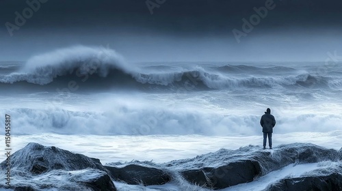 Man silhouetted against powerful ocean waves during a storm.