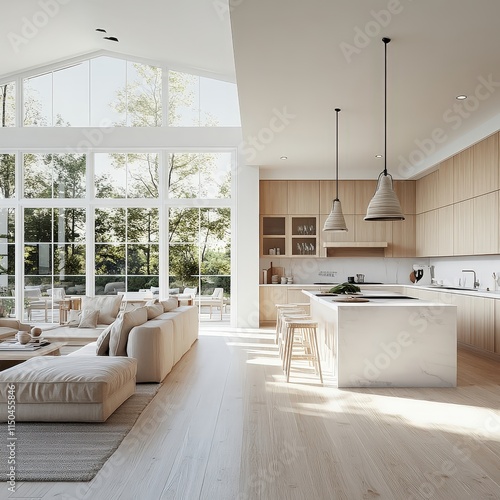 Light-filled modern kitchen with light wood cabinets, a white island, and large windows looking out to trees.