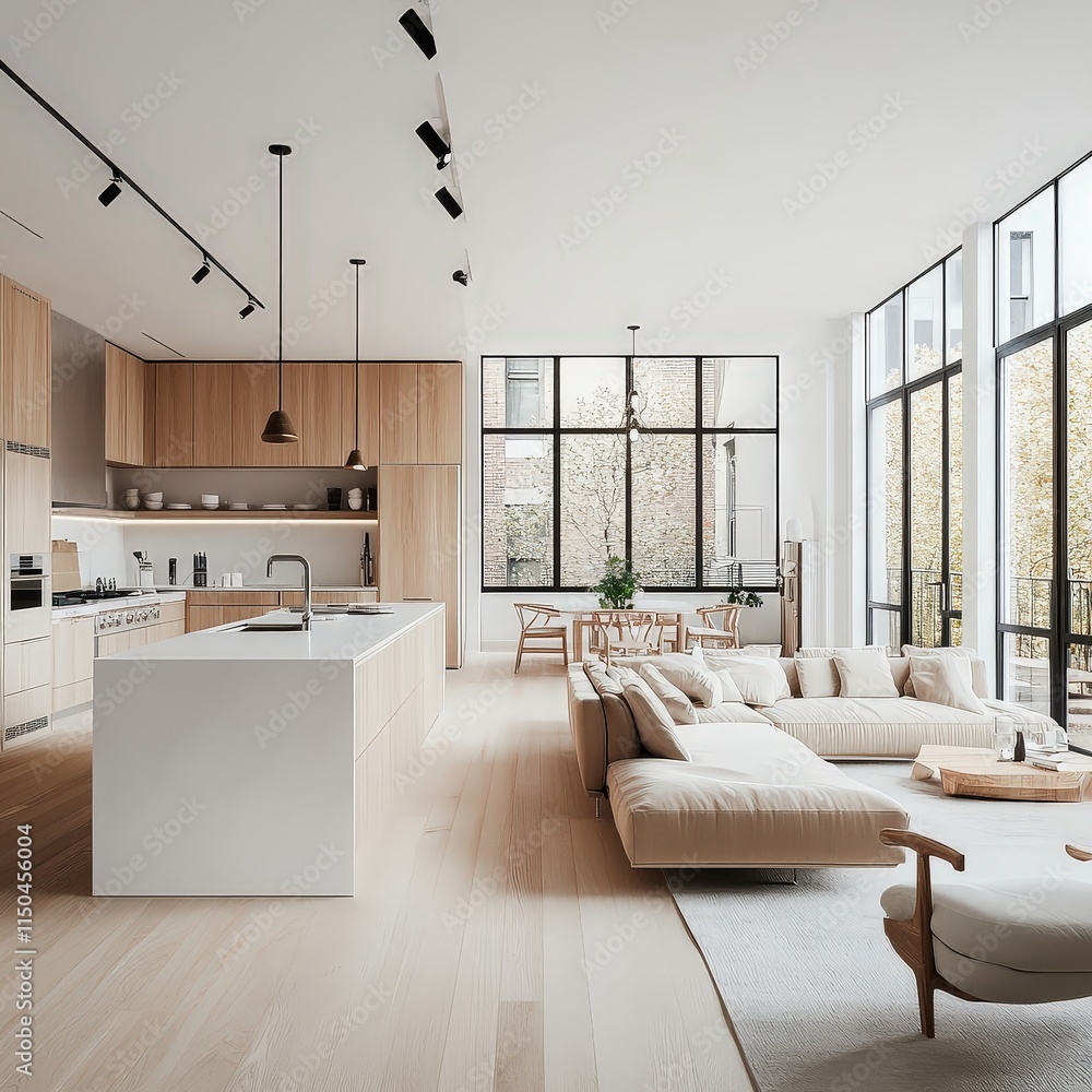 Light-filled modern kitchen with light wood cabinets, a white island, and large windows looking out to trees.