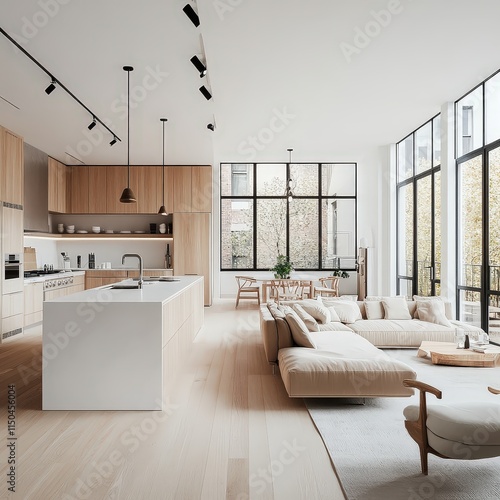 Light-filled modern kitchen with light wood cabinets, a white island, and large windows looking out to trees.