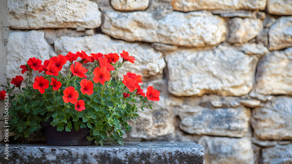A bold red geranium flower cluster its vivid hues glowing against a rustic stone wall in diffused light. A bold red geranium flower cluster its vivid hues glowing against a rustic stone wall in diffused light.