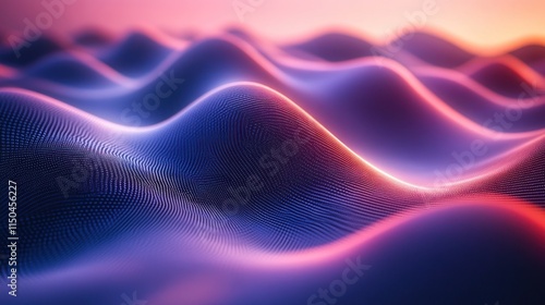 Abstract, digital landscape with undulating forms in vibrant hues of purple and pink.