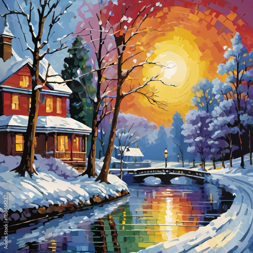 winter landscape with villa, river and bridge vector illustration photo