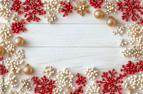 Festive holiday decoration featuring red and white ornaments on wooden background