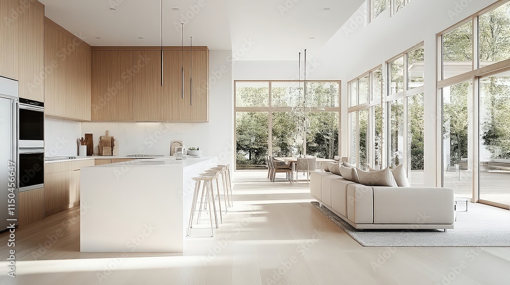 Light-filled modern kitchen with light wood cabinets, a white island, and large windows looking out to trees.