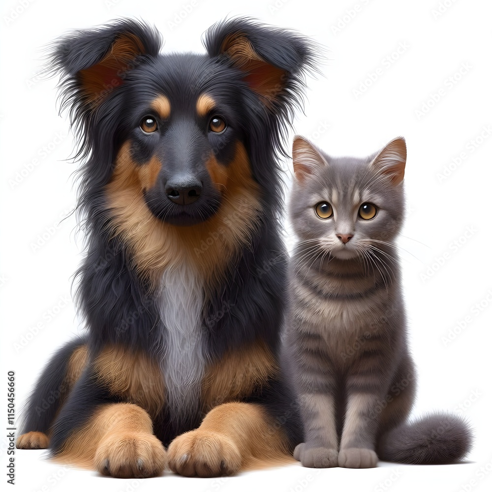 Fototapeta premium A dog and a cat stand full-length on a white background