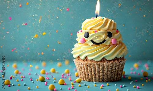 Happy birthday cupcake with yellow frosting, sprinkles, and a lit candle on a teal background.