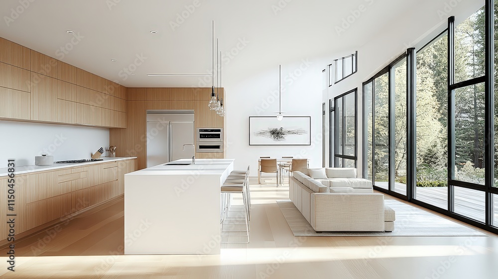 Light-filled modern kitchen with light wood cabinets, a white island, and large windows looking out to trees.