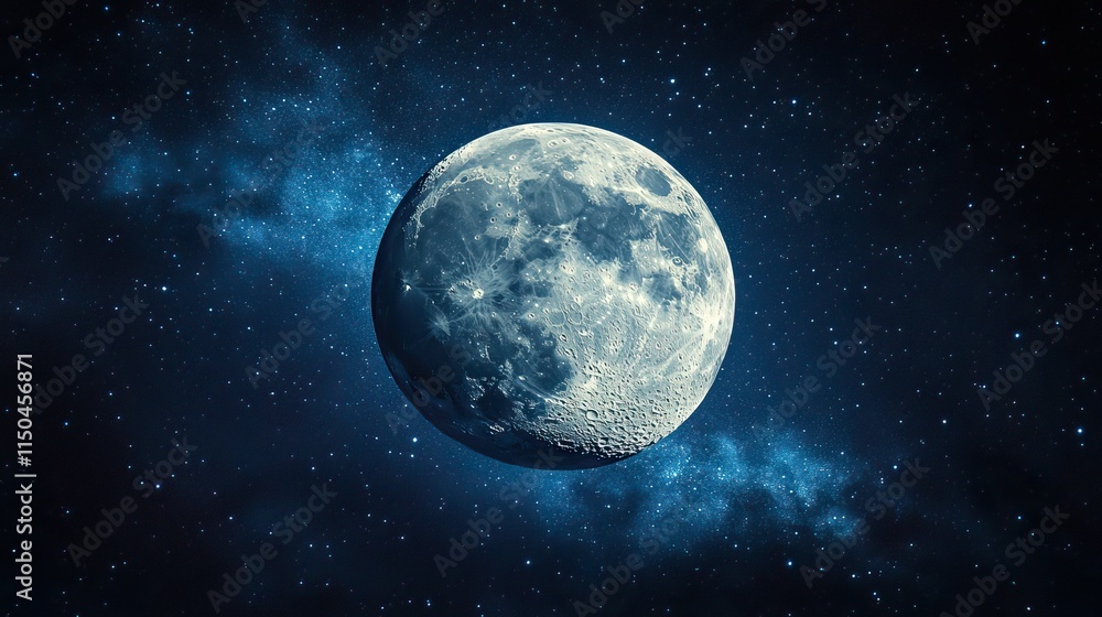 Fototapeta premium The moon shines brightly in the dark sky, amidst a galaxy of stars, showcasing the wonders of the universe and astronomy