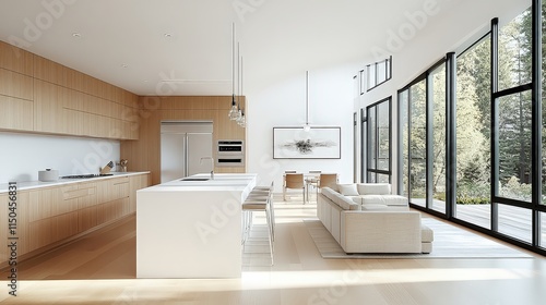 Obraz na płótnie Light-filled modern kitchen with light wood cabinets, a white island, and large windows looking out to trees. w salonie