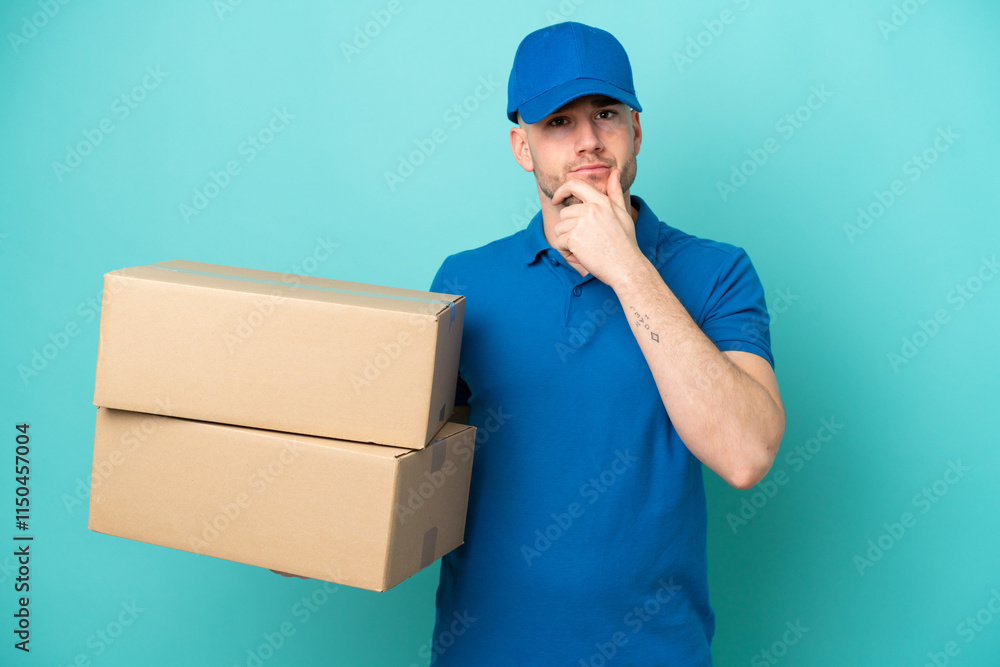 Delivery caucasian man isolated on blue background thinking Delivery caucasian man isolated on blue background thinking