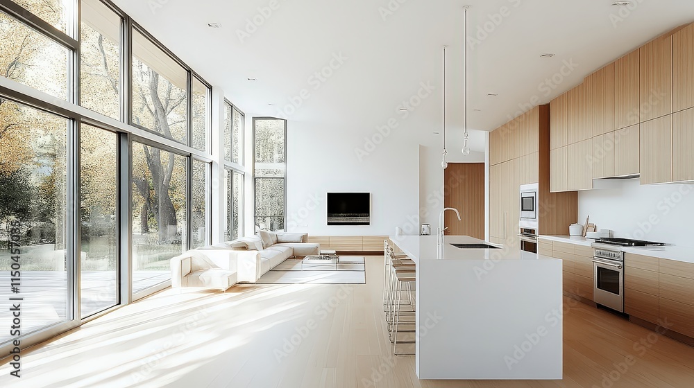 Light-filled modern kitchen with light wood cabinets, a white island, and large windows looking out to trees.