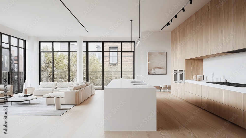 Light-filled modern kitchen with light wood cabinets, a white island, and large windows looking out to trees.