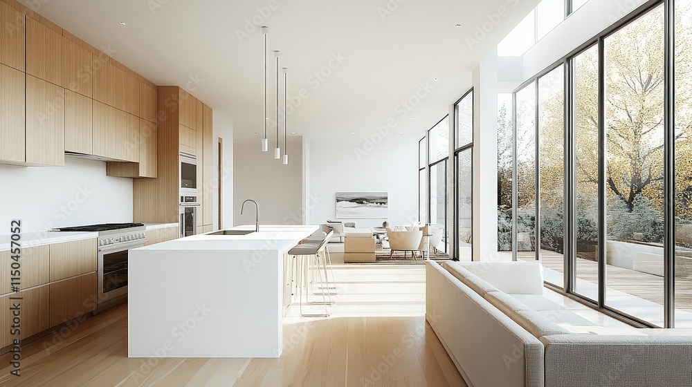 Light-filled modern kitchen with light wood cabinets, a white island, and large windows looking out to trees.