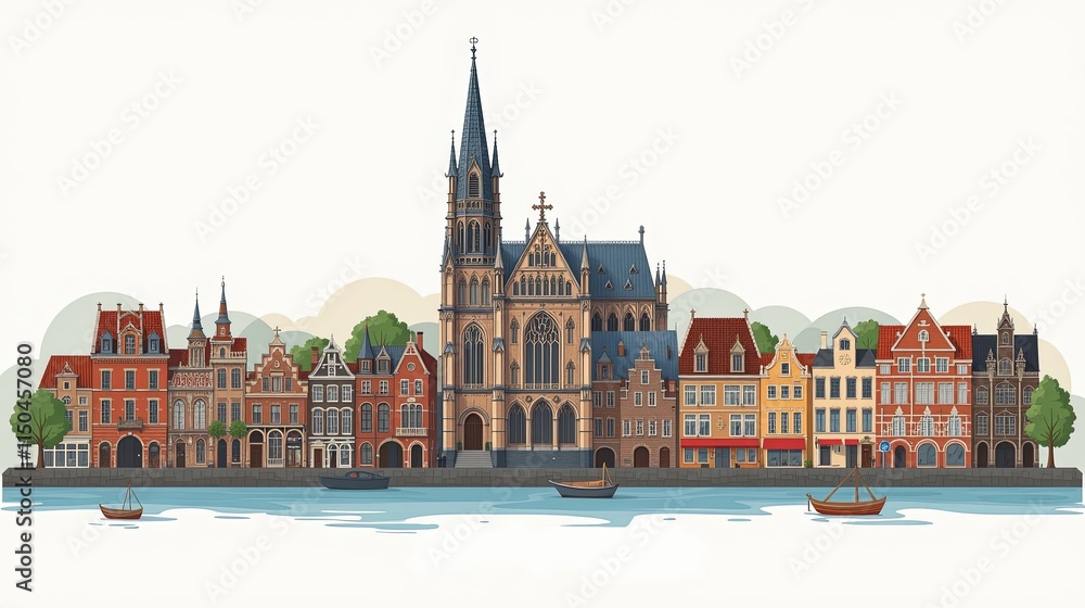 Fototapeta premium 's-hertogenbosch Netherlands Travel Poster Flat Illustration Print Decor Gift Canvas Wall Art Gift