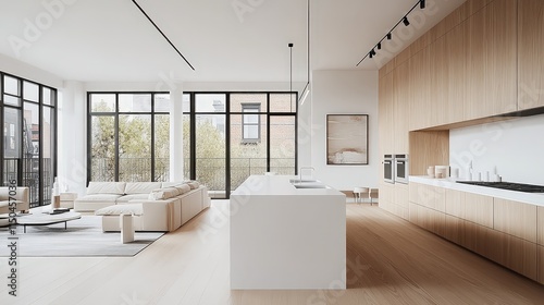 Obraz na płótnie Light-filled modern kitchen with light wood cabinets, a white island, and large windows looking out to trees. w salonie
