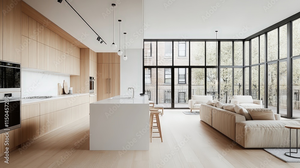 Light-filled modern kitchen with light wood cabinets, a white island, and large windows looking out to trees.