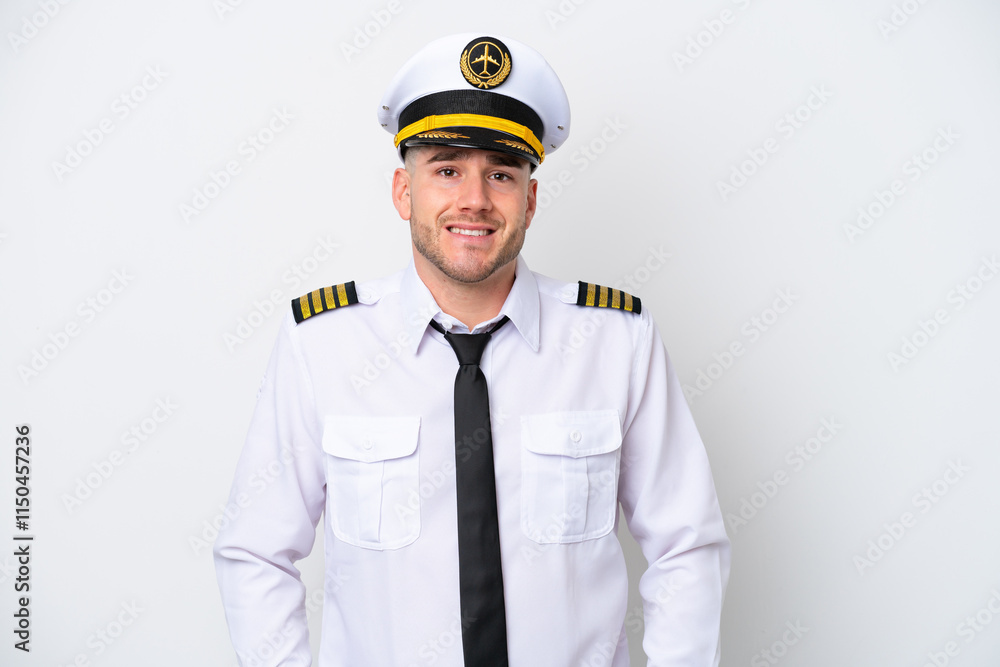 Airplane caucasian pilot isolated on white background laughing Airplane caucasian pilot isolated on white background laughing