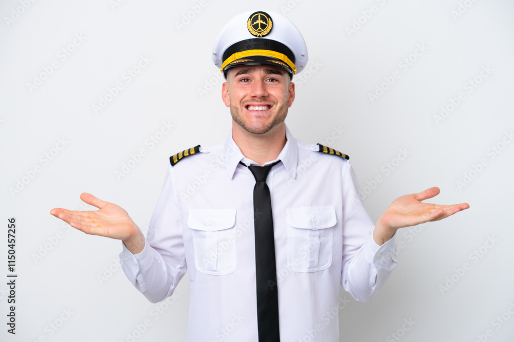 Airplane caucasian pilot isolated on white background with shocked facial expression Airplane caucasian pilot isolated on white background with shocked facial expression