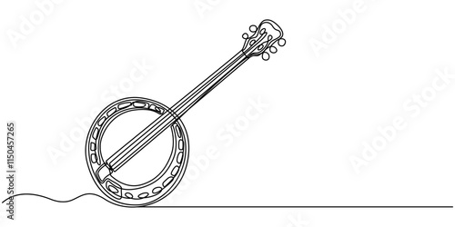 continuous line drawing banjo music instrument vector illustration minimalist design, American banjo, string guitar one line continuous drawing. Musical instruments continuous one line illustration.