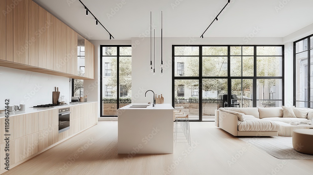 Light-filled modern kitchen with light wood cabinets, a white island, and large windows looking out to trees.