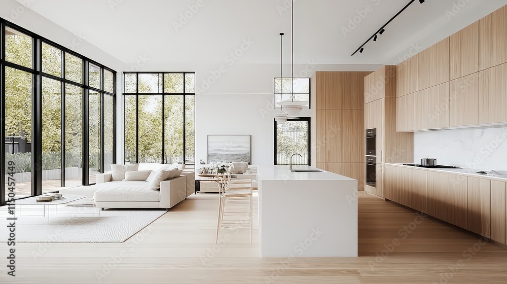 Light-filled modern kitchen with light wood cabinets, a white island, and large windows looking out to trees.